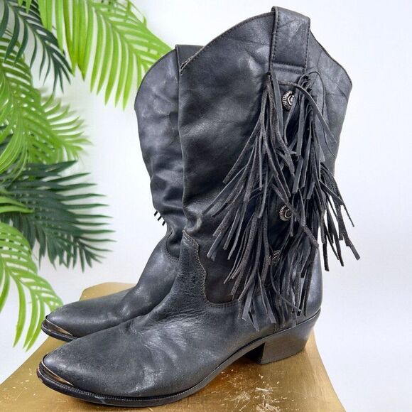 Women's Vintage 90s Black Cowgirl Western Biker Fringe Leather Boots / 8 - Picture 11 of 11